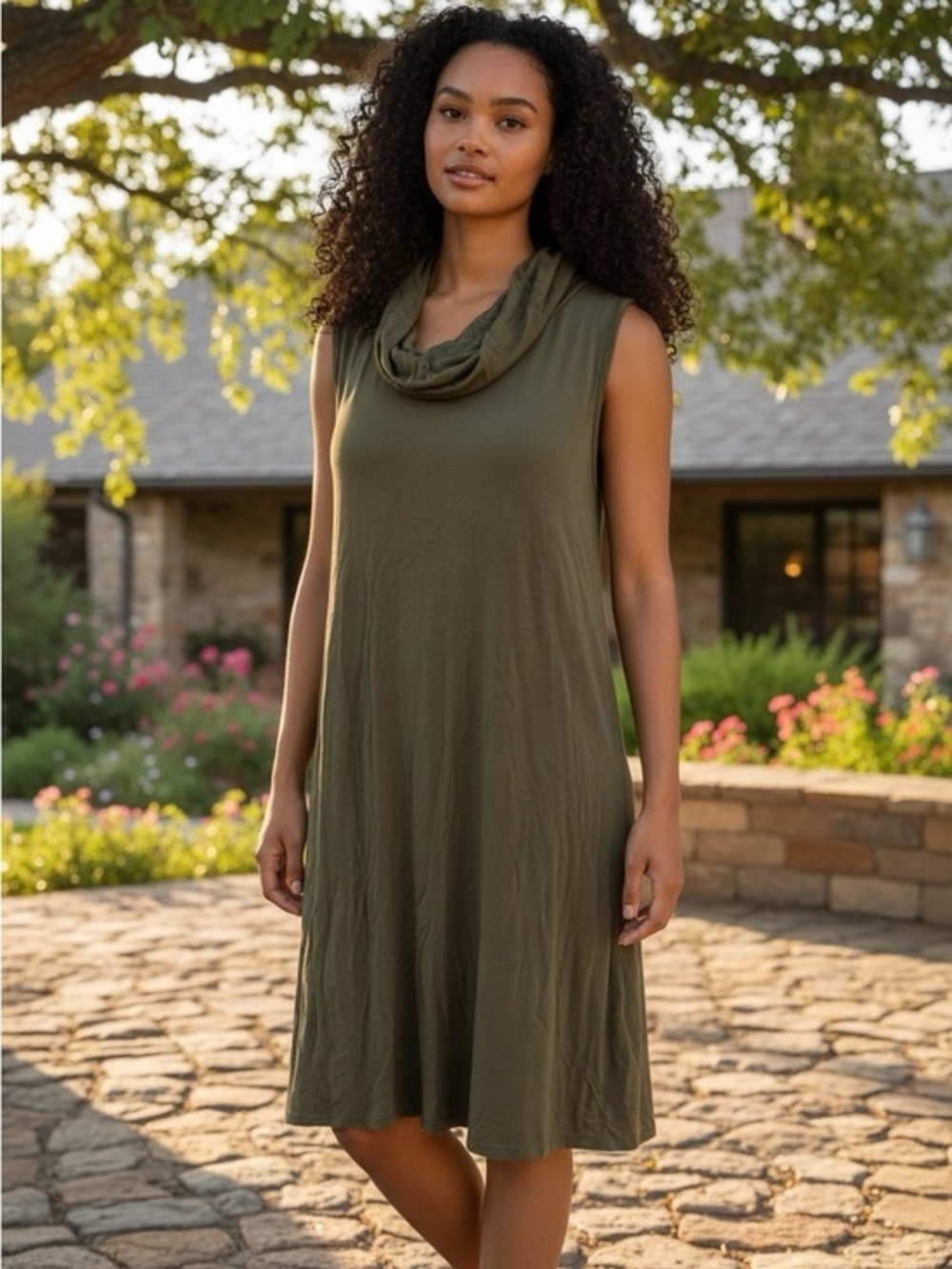 🫶🏻 Color Bear Sleeveless Olive Cowl Neck Knit Dress